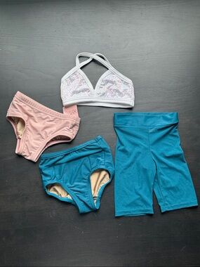 Details Dancewear Sequin Top, Blush brief and Teal Shorts set